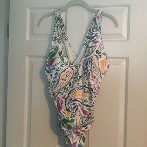 Anne Cole v-neck one piece swimsuit.. purple, white, green, gold and black multi